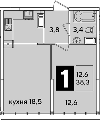 2-комн., 38.3 м², 16/16 этаж, ЖК «Самолет»