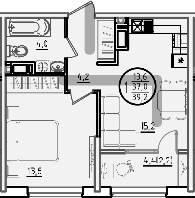2-комн., 37 м², 10/18 этаж, ЖК «Первое место»