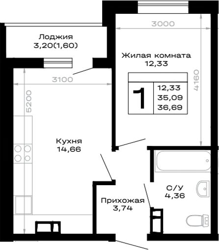 1-комн., 35.09 м², 5/14 этаж, ЖК «Горные высоты»