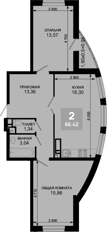 3-комн., 65.47 м², 18/19 этаж, ЖК «Лучший»