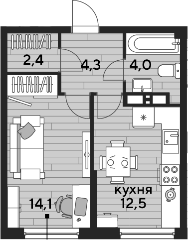 1-комн., 37.3 м², 13/16 этаж, ЖК «DОГМА ПАРК»