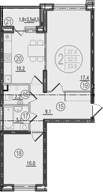 2-комн., 52 м², 1/9 этаж, ЖК «Спортивная деревня»