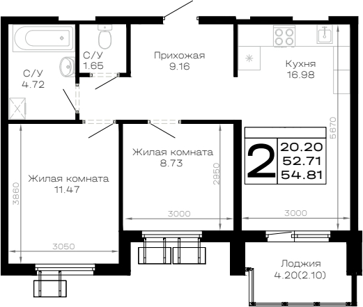 2-комн., 52.71 м², 3/4 этаж, ЖК «Усадьба Гостагаевская»