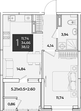 1-комн., 35.52 м², 13/18 этаж, ЖК «Образцово»