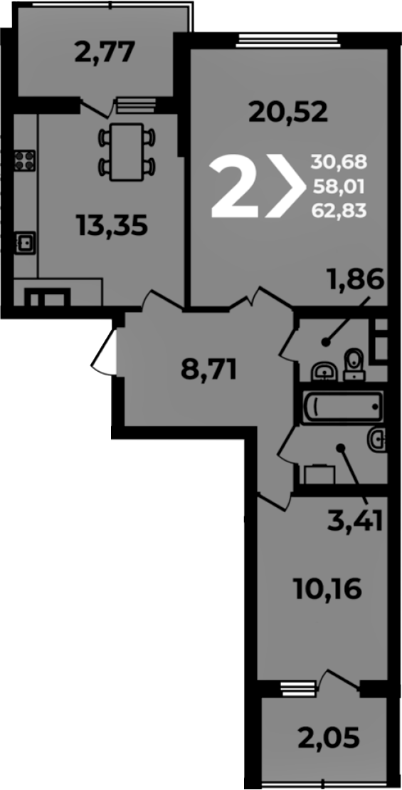 2-комн., 58.01 м², 17/19 этаж, ЖК «Аксиома»