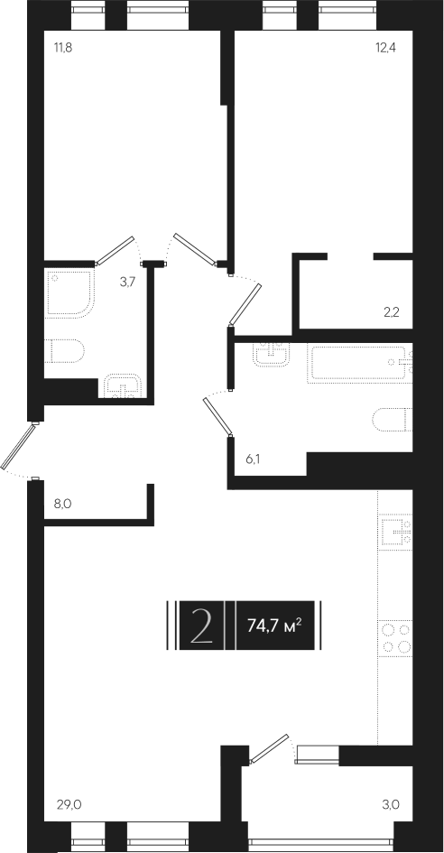 2-комн., 73.2 м², 9/18 этаж, ЖК «Эрмитаж»