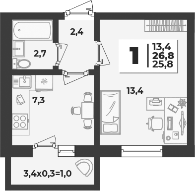 1-комн., 25.8 м², 5/5 этаж, ЖК «Дарград»
