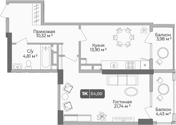 1-комн., 51.48 м², 5/17 этаж, ЖК «Золотой берег. СЗ Среда»