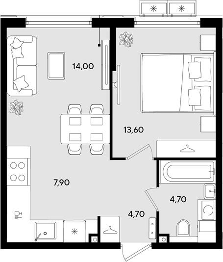 2-комн., 44.9 м², 2/9 этаж, ЖК «Порто-Ново»