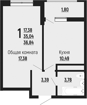 1-комн., 35.04 м², 18/24 этаж, ЖК «Славянка»