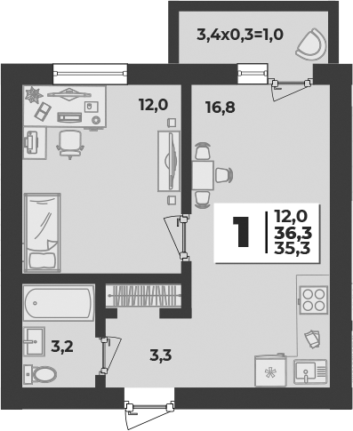 1-комн., 35.3 м², 5/5 этаж, ЖК «Дарград»