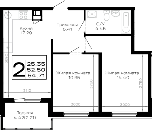 2-комн., 52.5 м², 1/4 этаж, ЖК «Усадьба Гостагаевская»