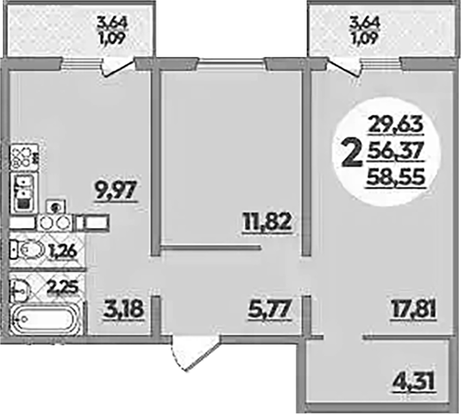 2-комн., 56.37 м², 4/5 этаж, ЖК «Тихорецк»