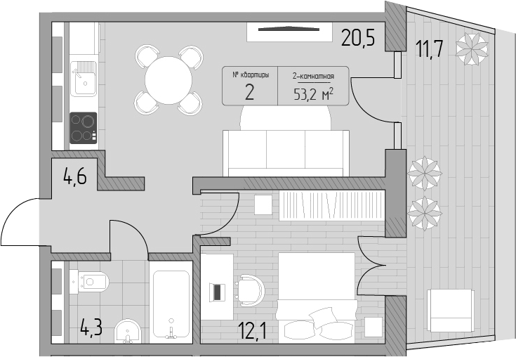 2-комн., 41.5 м², 1/9 этаж, ЖК «Морелло»