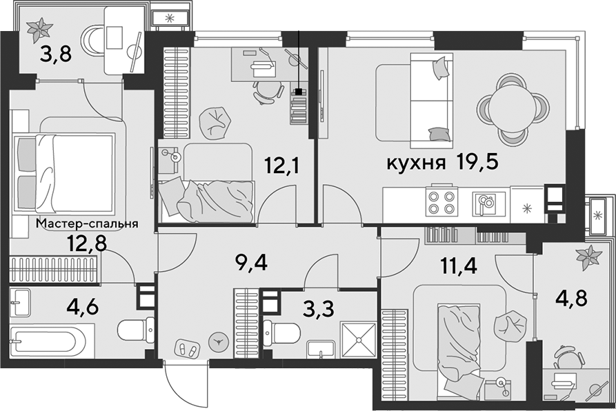 4+ комнаты, 73.1 м², 8/9 этаж, ЖК «Парк Победы»