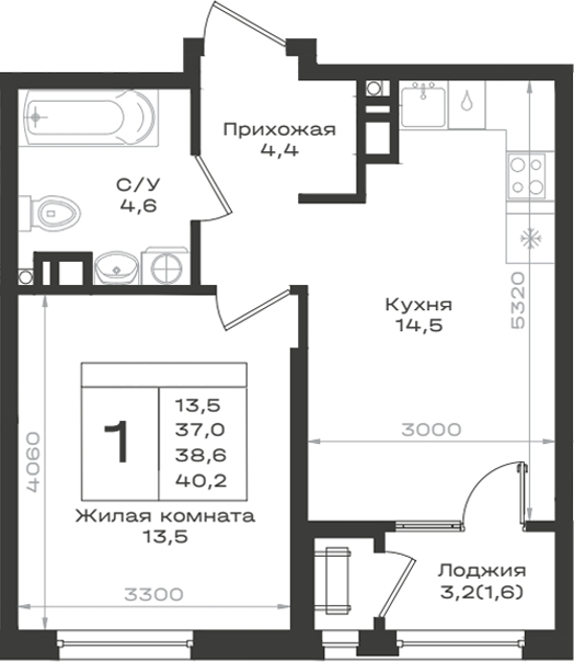 1-комн., 37 м², 4/9 этаж, ЖК «Нагория»