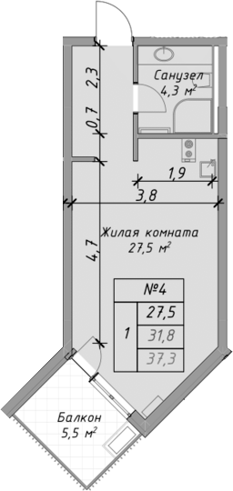 Студия, 31.8 м², 1/4 этаж, ЖК «Оазис Азова»