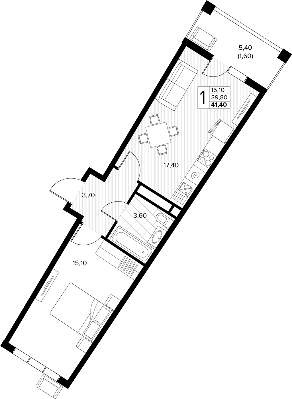 1-комн., 39.8 м², 3/8 этаж, ЖК «Кипарис»