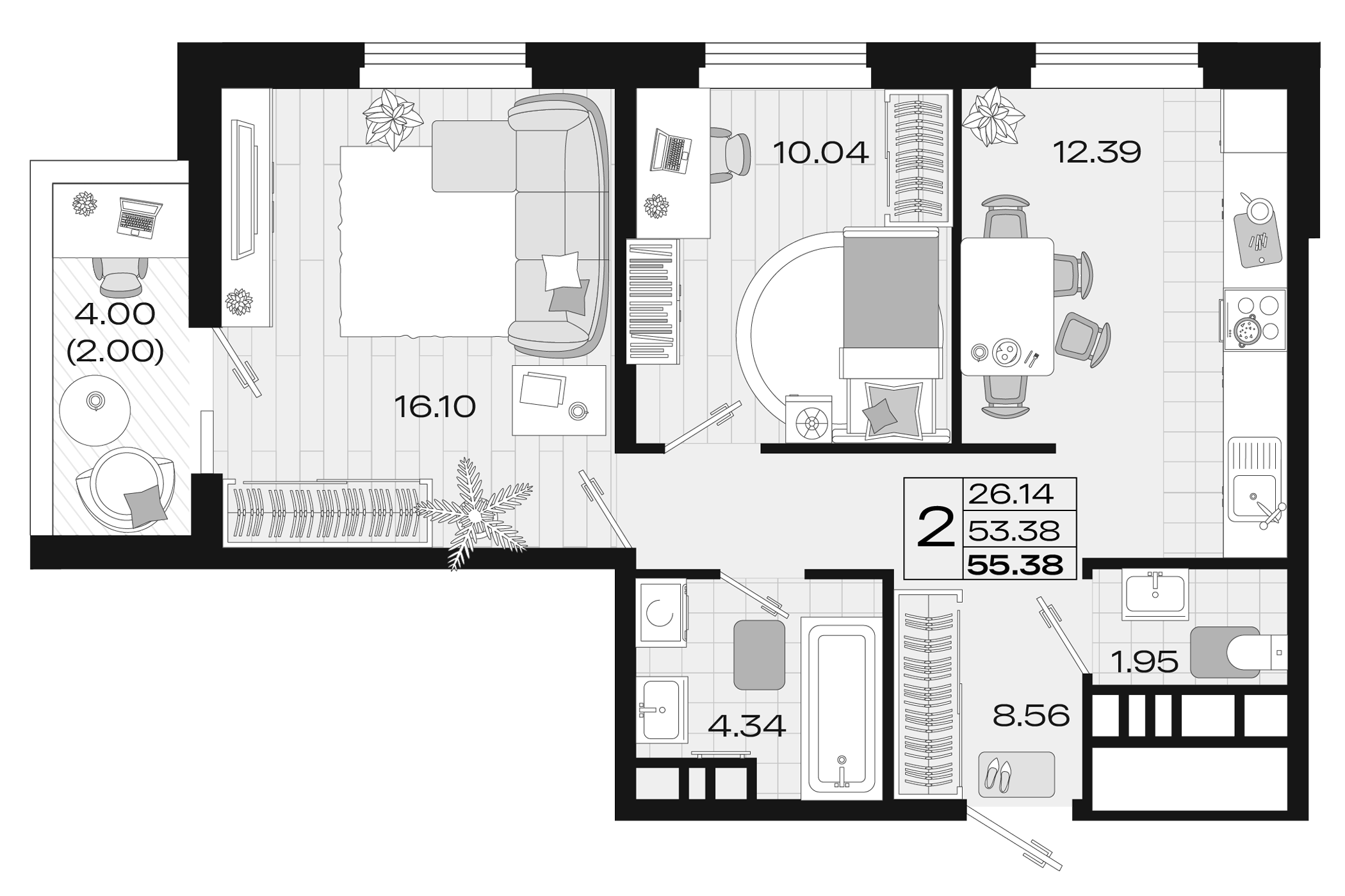 2-комн., 53.38 м², 4/14 этаж, ЖК «Римские Каникулы»