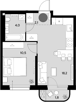 2-комн., 34.8 м², 2/9 этаж, ЖК «Грейд»