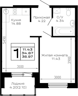 1-комн., 34.87 м², 2/4 этаж, ЖК «Усадьба Гостагаевская»