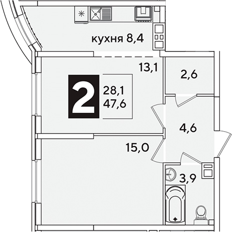 2-комн., 47.6 м², 2/16 этаж, ЖК «Самолет»