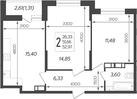 3-комн., 51.66 м², 16/19 этаж, ЖК «Смородина»
