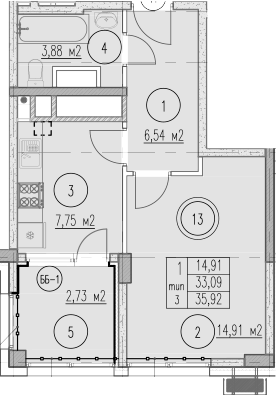 1-комн., 33.19 м², 3/9 этаж, ЖК «Agoy Park Residence by Lavicon»