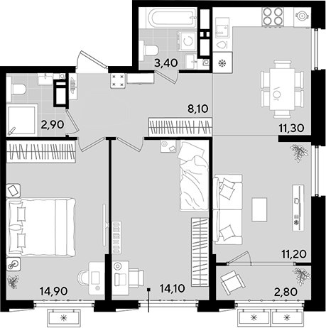 3-комн., 65.9 м², 11/18 этаж, ЖК «Порто-Ново»