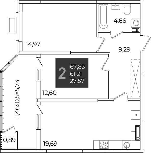 2-комн., 61.21 м², 21/21 этаж, ЖК «Образцово»