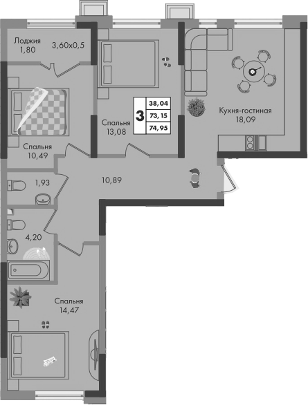 3-комн., 73.15 м², 9/9 этаж, ЖК «Зеленая территория»