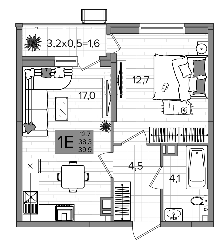 2-комн., 38.3 м², 9/16 этаж, ЖК «Сармат»