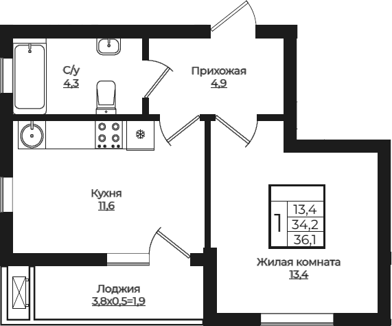 1-комн., 34.2 м², 5/7 этаж, ЖК «Европа-Сити»