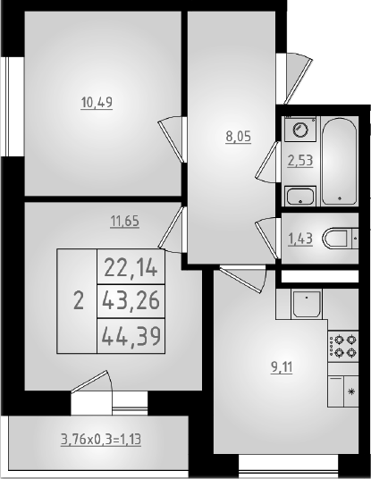 Продается 2-комн. квартира, 43.26 м²