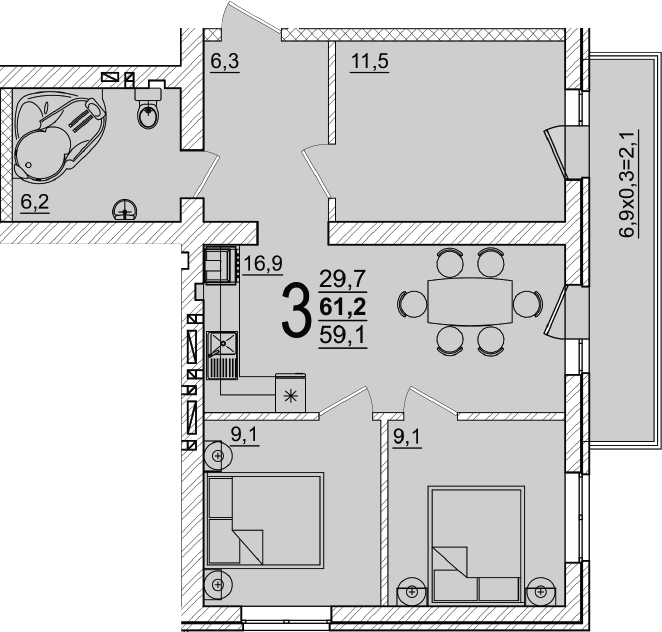 Продается 3-комн. квартира, 59.1 м²