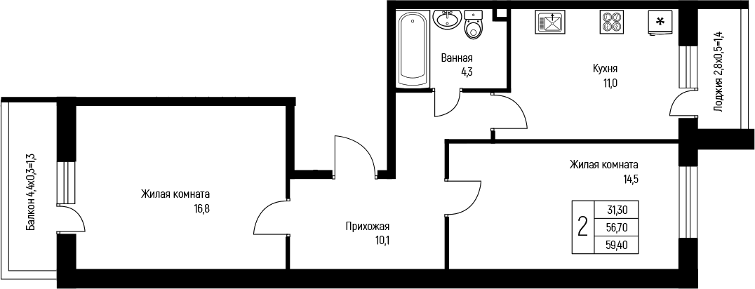 2-комн., 56.7 м², 1/3 этаж, ЖК «Nova Vita»