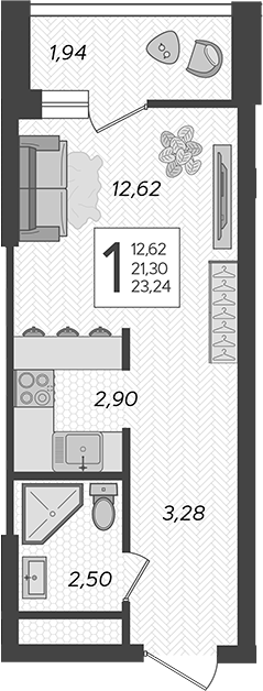 Студия, 21.3 м², 16/19 этаж, ЖК «Кислород»