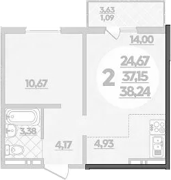 2-комн., 37.15 м², 1/16 этаж, ЖК «Восточный. Квартал №6»
