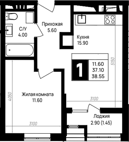 1-комн., 37.1 м², 3/12 этаж, ЖК «На высоком берегу»