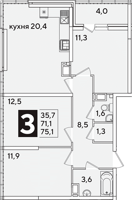 4+ комнаты, 71.1 м², 16/16 этаж, ЖК «Самолет»