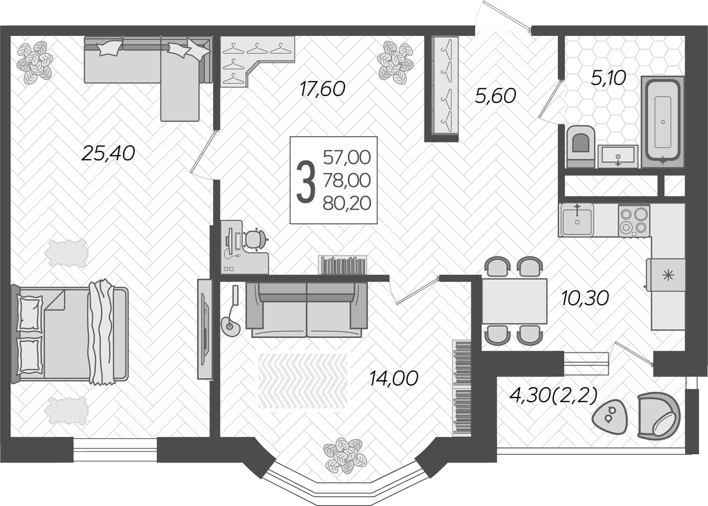 3-комн., 78 м², 8/16 этаж, ЖК «Зеленодар»