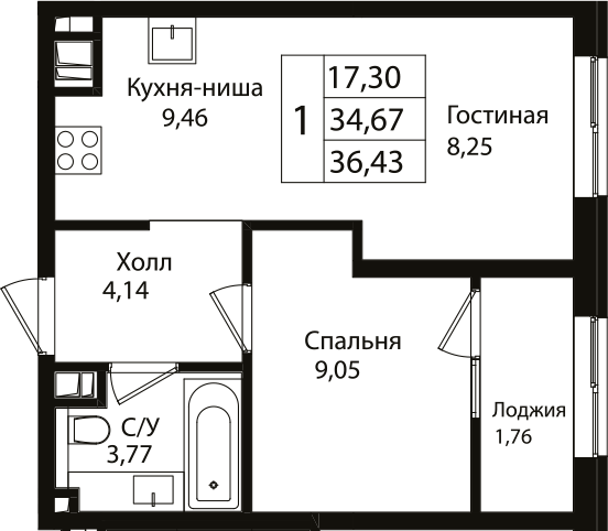 2-комн., 34.67 м², 7/16 этаж, ЖК «Патрики»