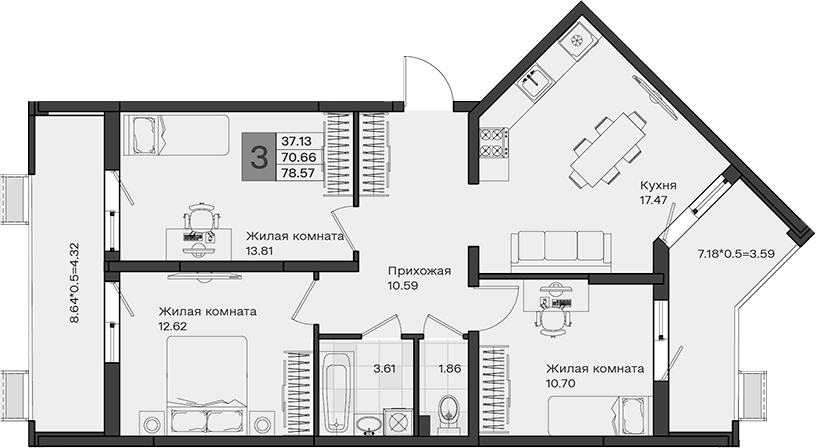 Продается 3-комн. квартира, 70.66 м²