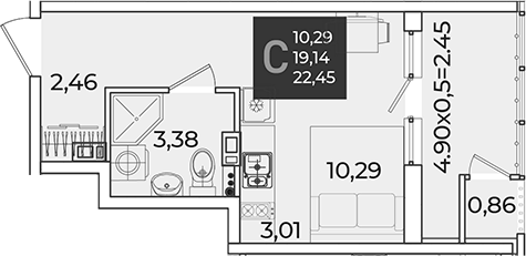 Студия, 19.14 м², 8/18 этаж, ЖК «Образцово»