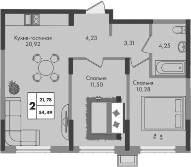 2-комн., 54.49 м², 2/9 этаж, ЖК «Зеленая территория»