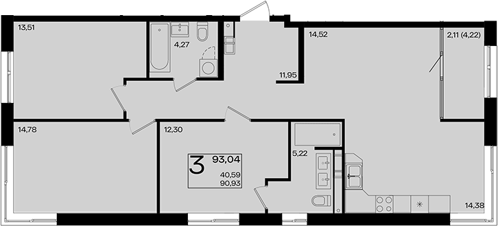 4+ комнаты, 90.93 м², 9/18 этаж, ЖК «Патрики»