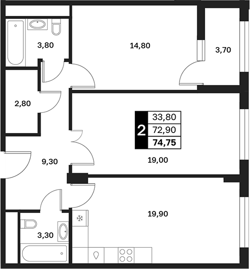 2-комн., 72.9 м², 4/15 этаж, ЖК «Аксис Патриот»