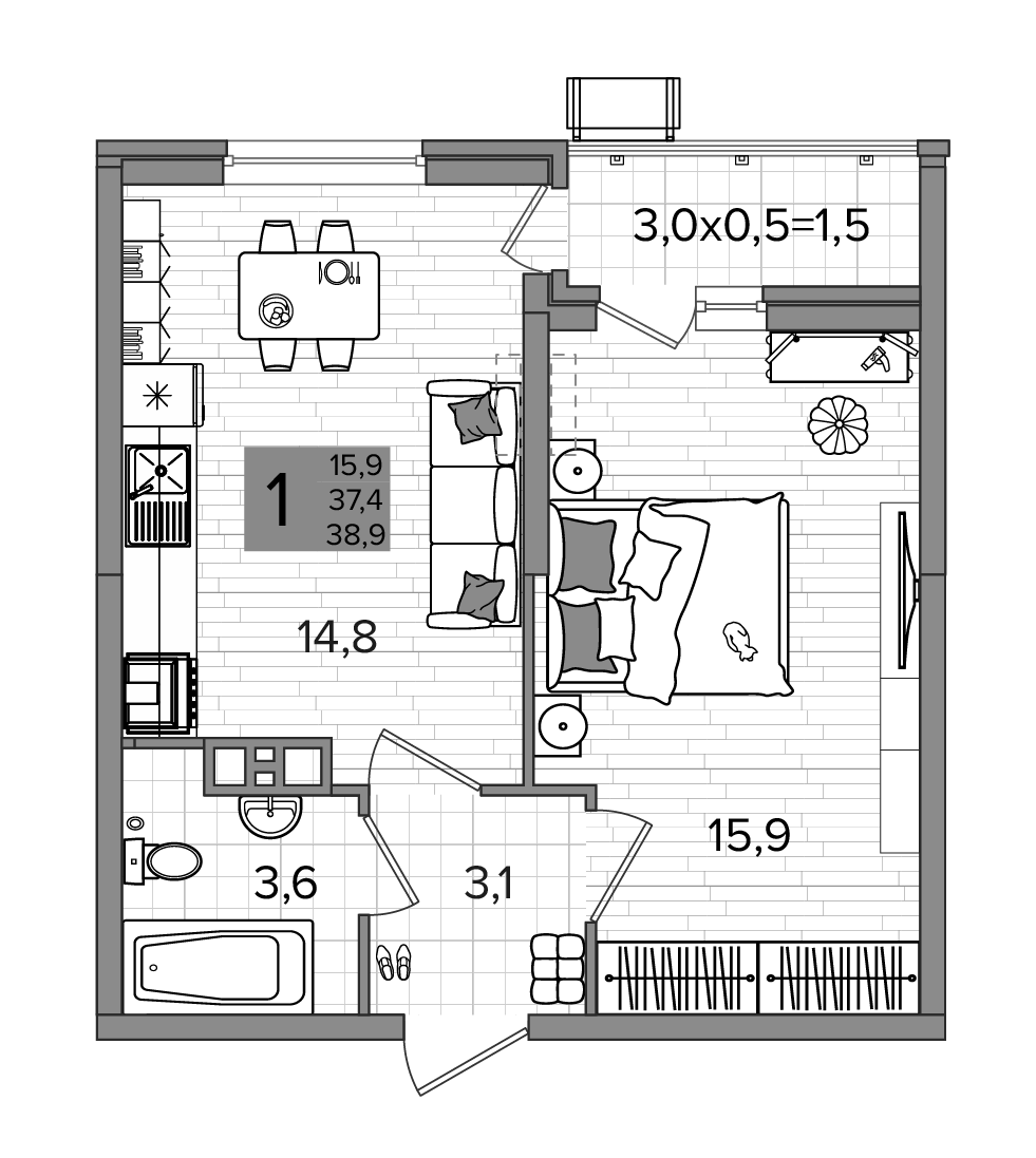 1-комн., 37.4 м², 8/16 этаж, ЖК «Сармат»