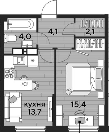 1-комн., 39.3 м², 12/16 этаж, ЖК «DОГМА ПАРК»
