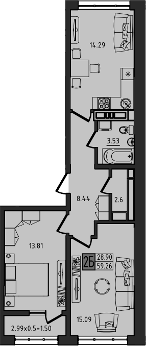 3-комн., 57.76 м², 6/7 этаж, ЖК «Яблоневый»